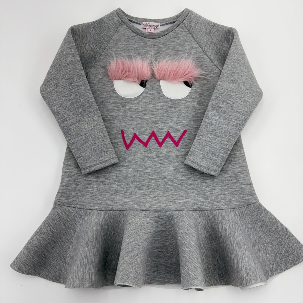 Hala Baloo Girls Gray Monster Face Faux Fur Dress Size 7 Long Sleeve Ruffle Hem